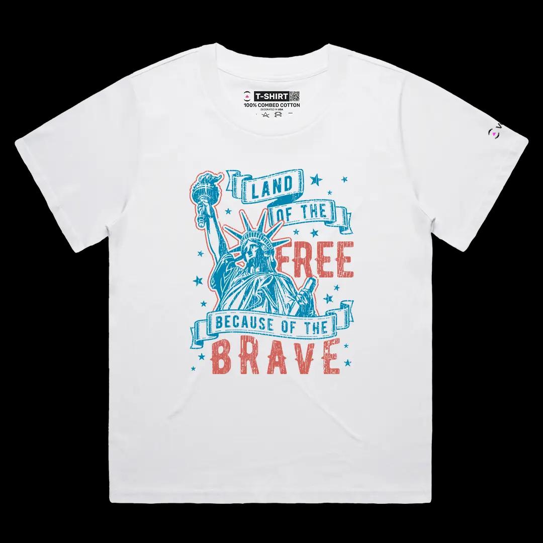 VOICEART White Female Loose Lady Liberty Land of the Free Independence Day Graphic Tee Short T-Shirt for Men and Women
