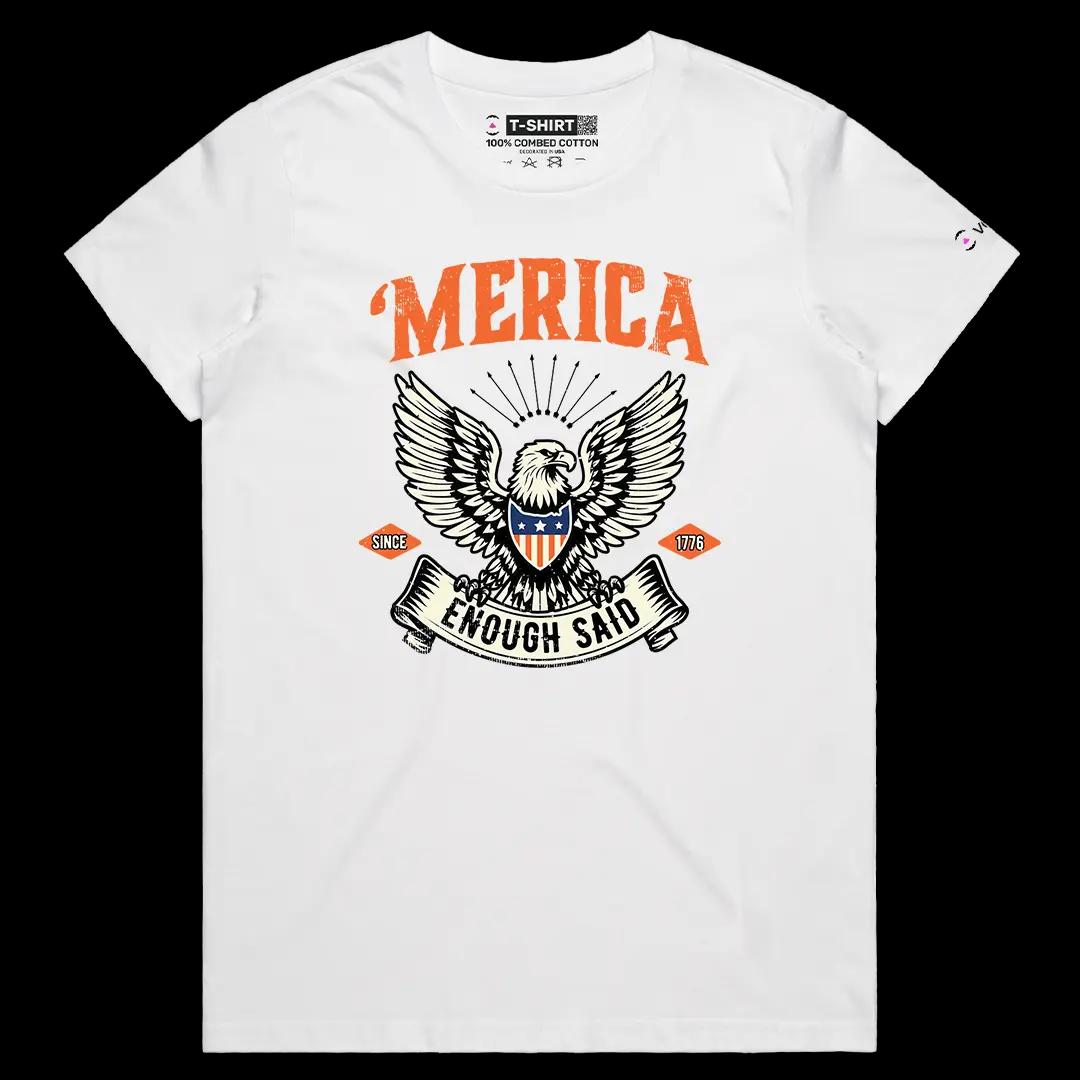 VOICEART White Female Regular America Enough Said Independence Day Graphic Tee Short Sleeve Cotton T-Shirt for Men and Women