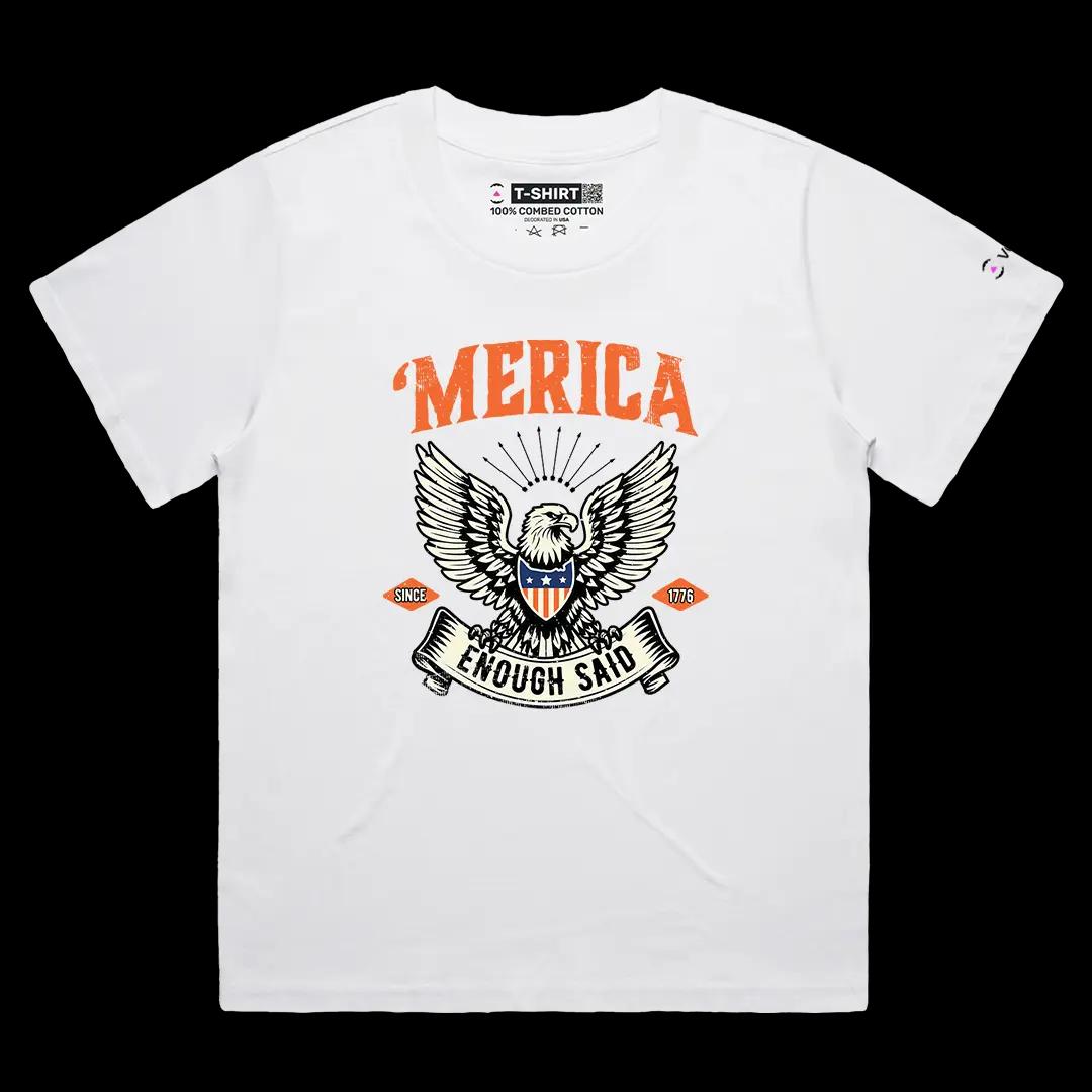 VOICEART White Female Loose America Enough Said Independence Day Graphic Tee Short Sleeve Cotton T-Shirt for Men and Women