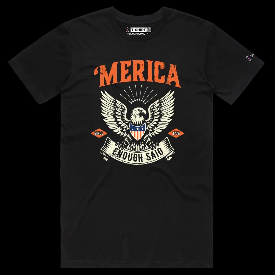 VOICEART Black Male Regular America Enough Said Independence Day Graphic Tee Short Sleeve Cotton T-Shirt for Men and Women