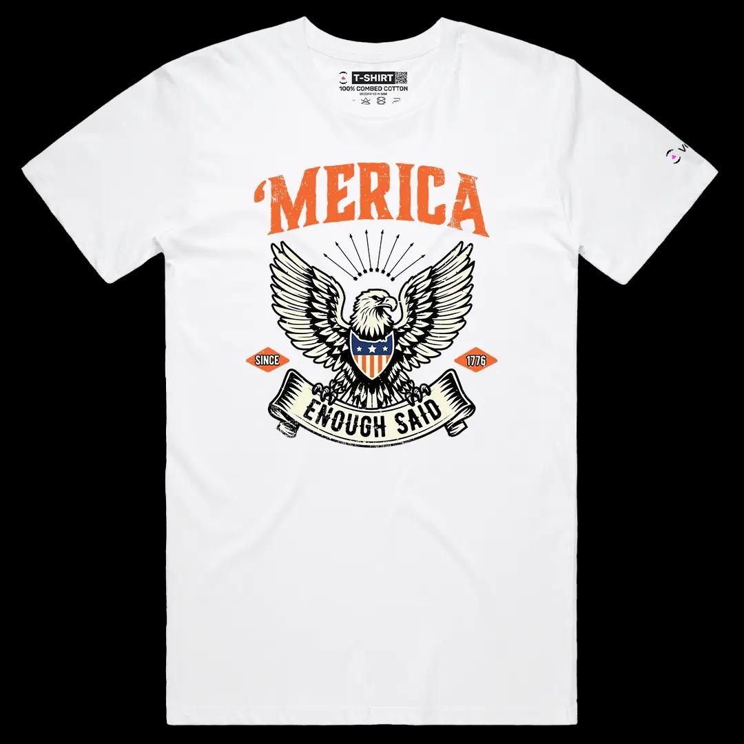VOICEART White Male Regular America Enough Said Independence Day Graphic Tee Short Sleeve Cotton T-Shirt for Men and Women