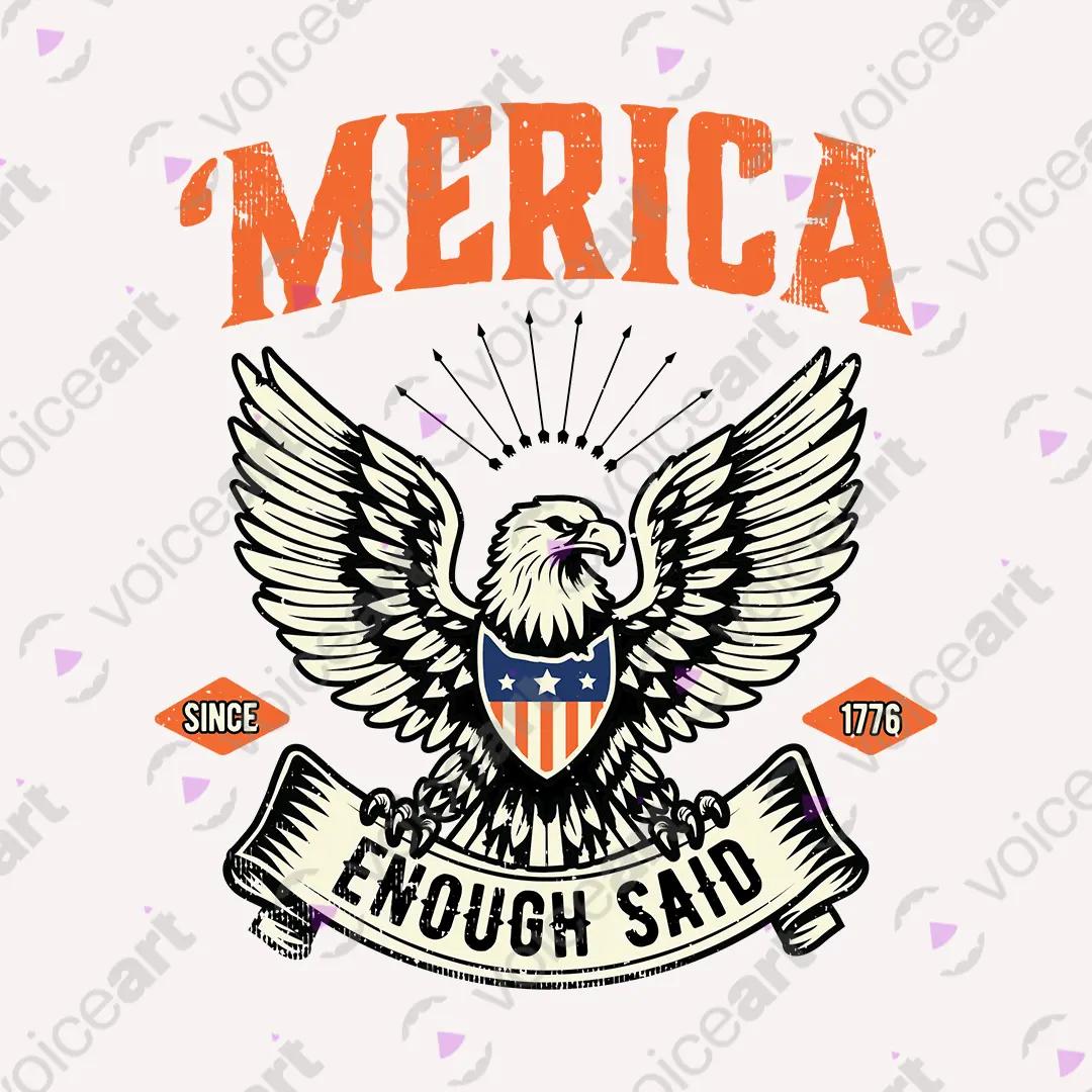 VOICEART White Watermark America Enough Said Independence Day Graphic Tee Short Sleeve Cotton T-Shirt for Men and Women