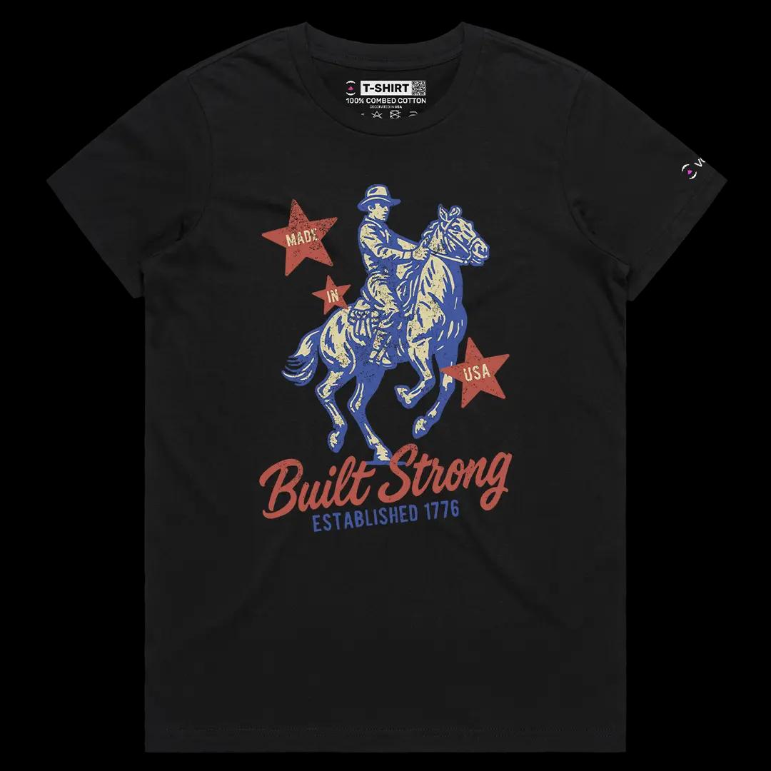 VOICEART Black Female Regular Built Strong 1776 USA Independence Day Graphic Tee Short Cotton T-Shirt for Men and Women