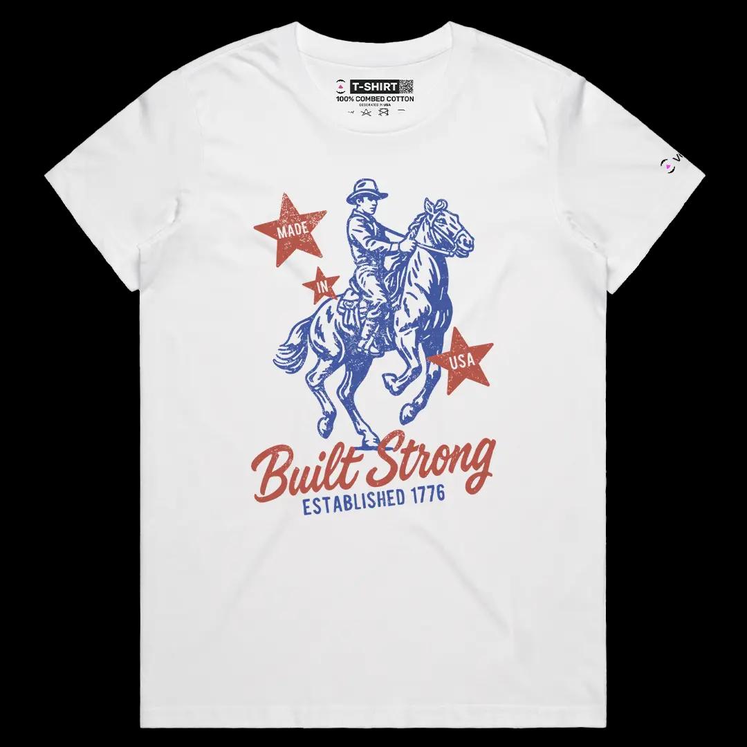VOICEART White Female Regular Built Strong 1776 USA Independence Day Graphic Tee Short Cotton T-Shirt for Men and Women