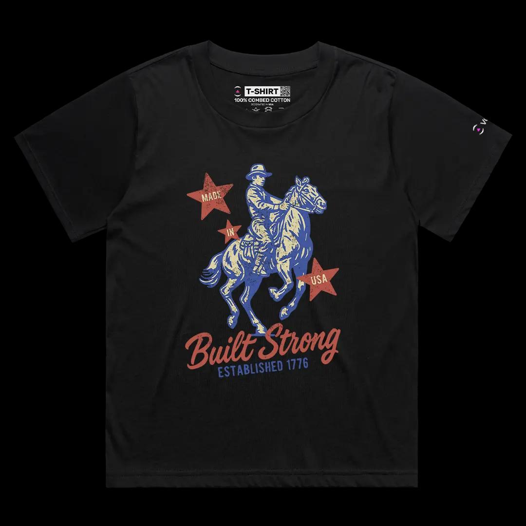 VOICEART Black Female Loose Built Strong 1776 USA Independence Day Graphic Tee Short Cotton T-Shirt for Men and Women
