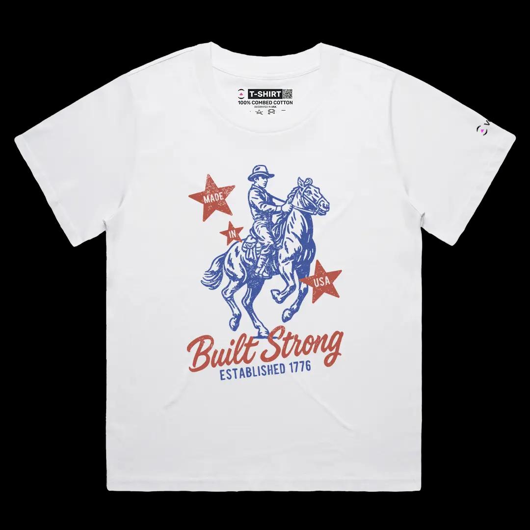 VOICEART White Female Loose Built Strong 1776 USA Independence Day Graphic Tee Short Cotton T-Shirt for Men and Women