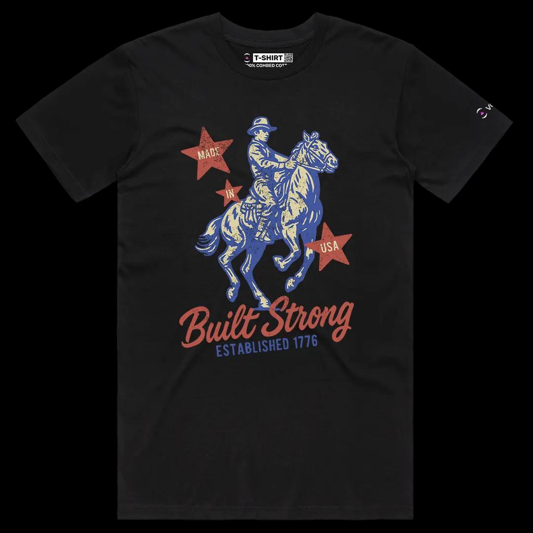 VOICEART Black Male Regular Built Strong 1776 USA Independence Day Graphic Tee Short Cotton T-Shirt for Men and Women