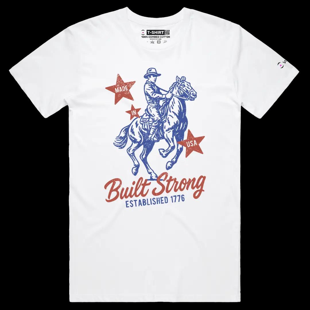 VOICEART White Male Regular Built Strong 1776 USA Independence Day Graphic Tee Short Cotton T-Shirt for Men and Women