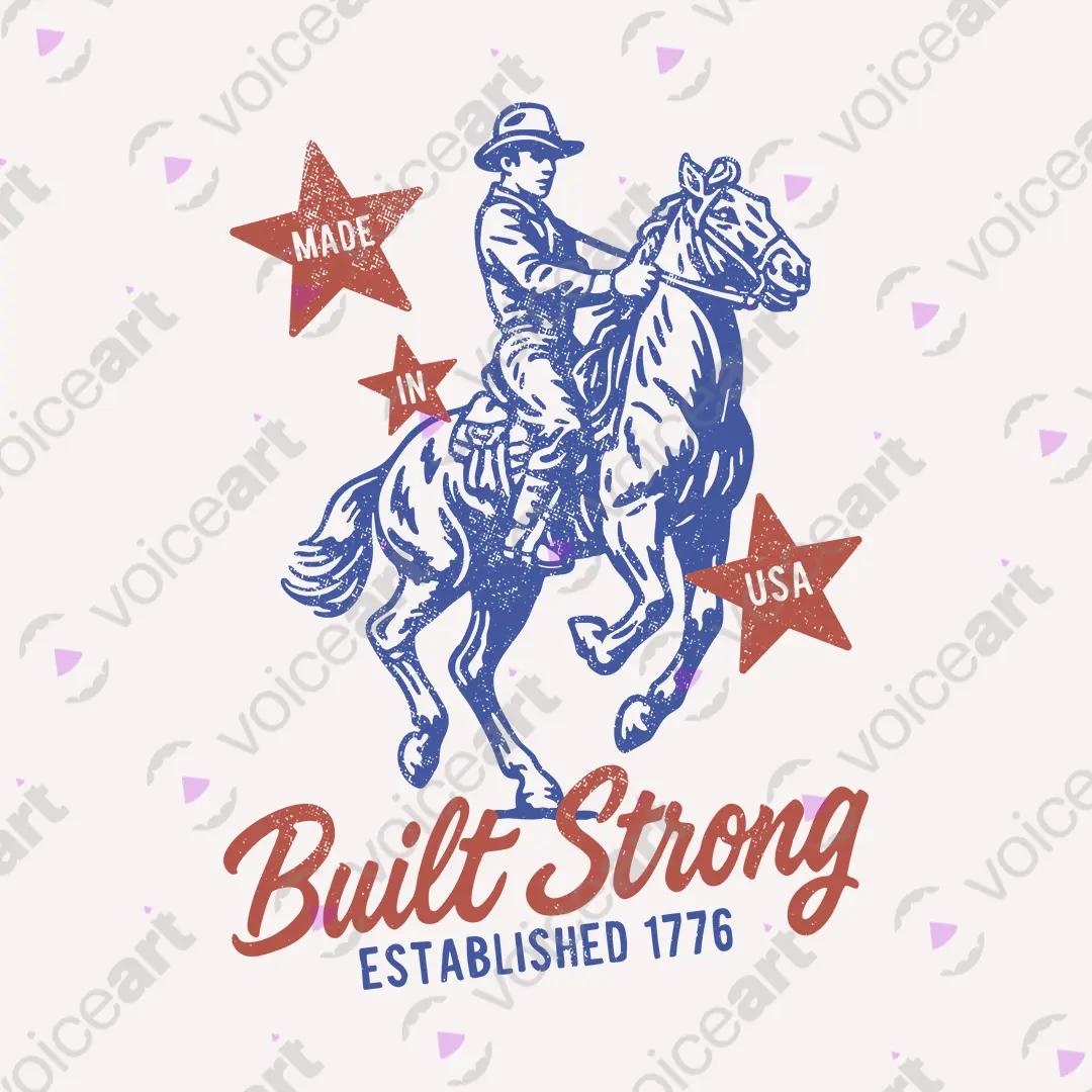 VOICEART White Watermark Built Strong 1776 USA Independence Day Graphic Tee Short Cotton T-Shirt for Men and Women
