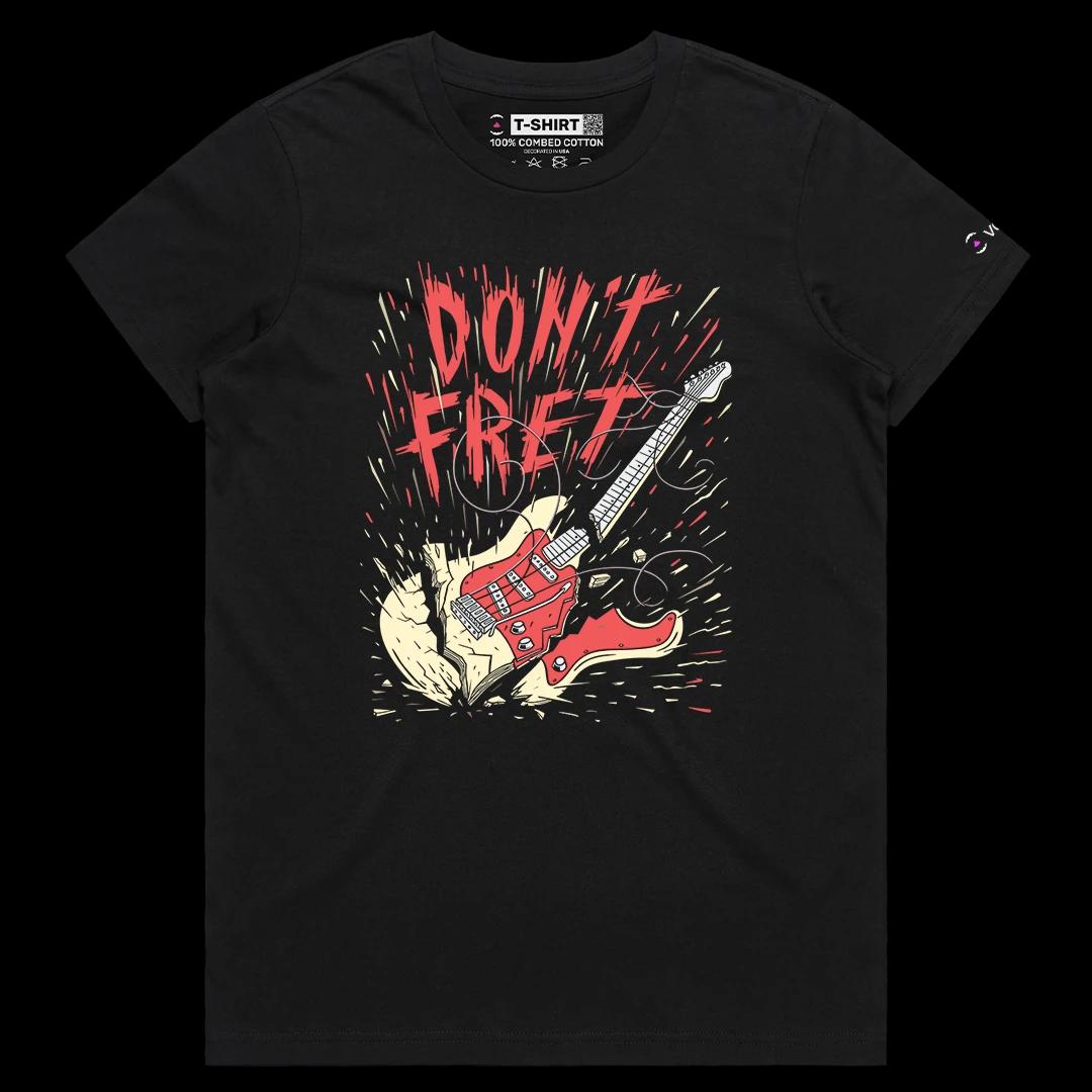 VOICEART Black Female Regular Do Not Fret Broken Guitar Funny Graphic Tee for Rock n Roll Fans Short Sleeve Cotton T-Shirt