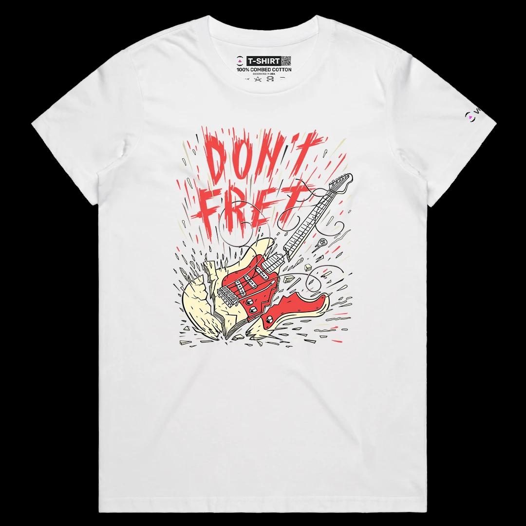 VOICEART White Female Regular Do Not Fret Broken Guitar Funny Graphic Tee for Rock n Roll Fans Short Sleeve Cotton T-Shirt