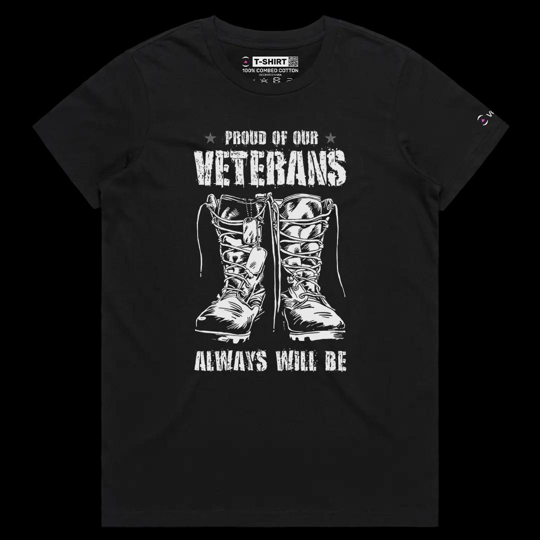 VOICEART Black Female Regular Proud of Our Veterans USA Independence Day Tee Short Sleeve Cotton T-Shirt for Men and Women