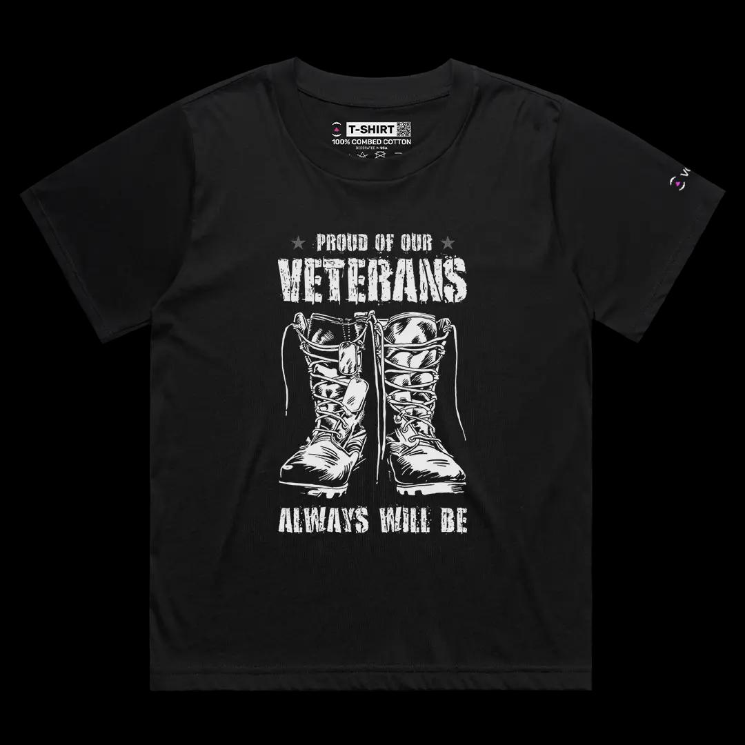 VOICEART Black Female Loose Proud of Our Veterans USA Independence Day Tee Short Sleeve Cotton T-Shirt for Men and Women