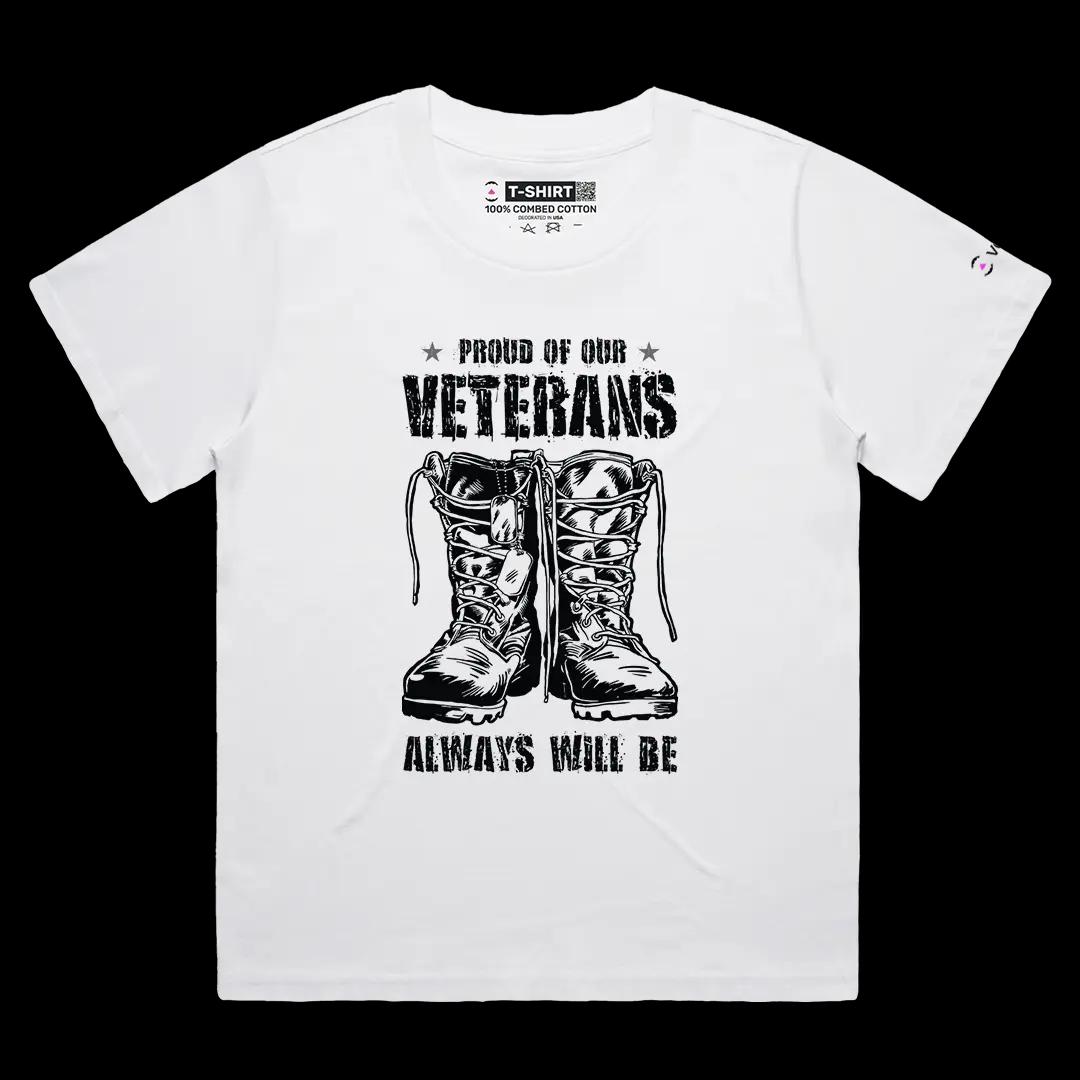 VOICEART White Female Loose Proud of Our Veterans USA Independence Day Tee Short Sleeve Cotton T-Shirt for Men and Women