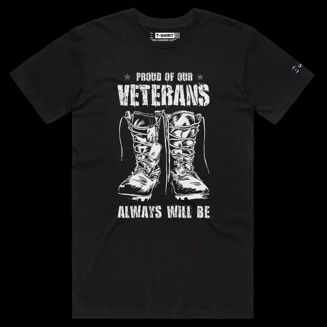 VOICEART Black Male Regular Proud of Our Veterans USA Independence Day Tee Short Sleeve Cotton T-Shirt for Men and Women