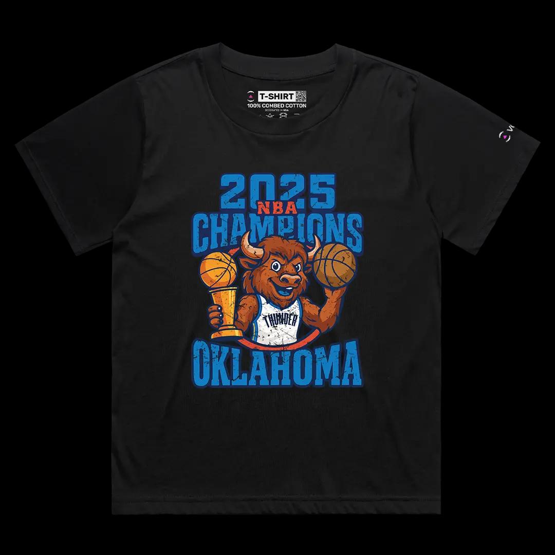 VOICEART Black Female Loose OKC 2025 Champions Sports Graphic Tee for Basketball Fans Short Sleeve Shirt for Men and Women