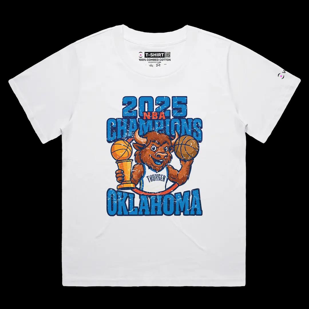 VOICEART White Female Loose OKC 2025 Champions Sports Graphic Tee for Basketball Fans Short Sleeve Shirt for Men and Women