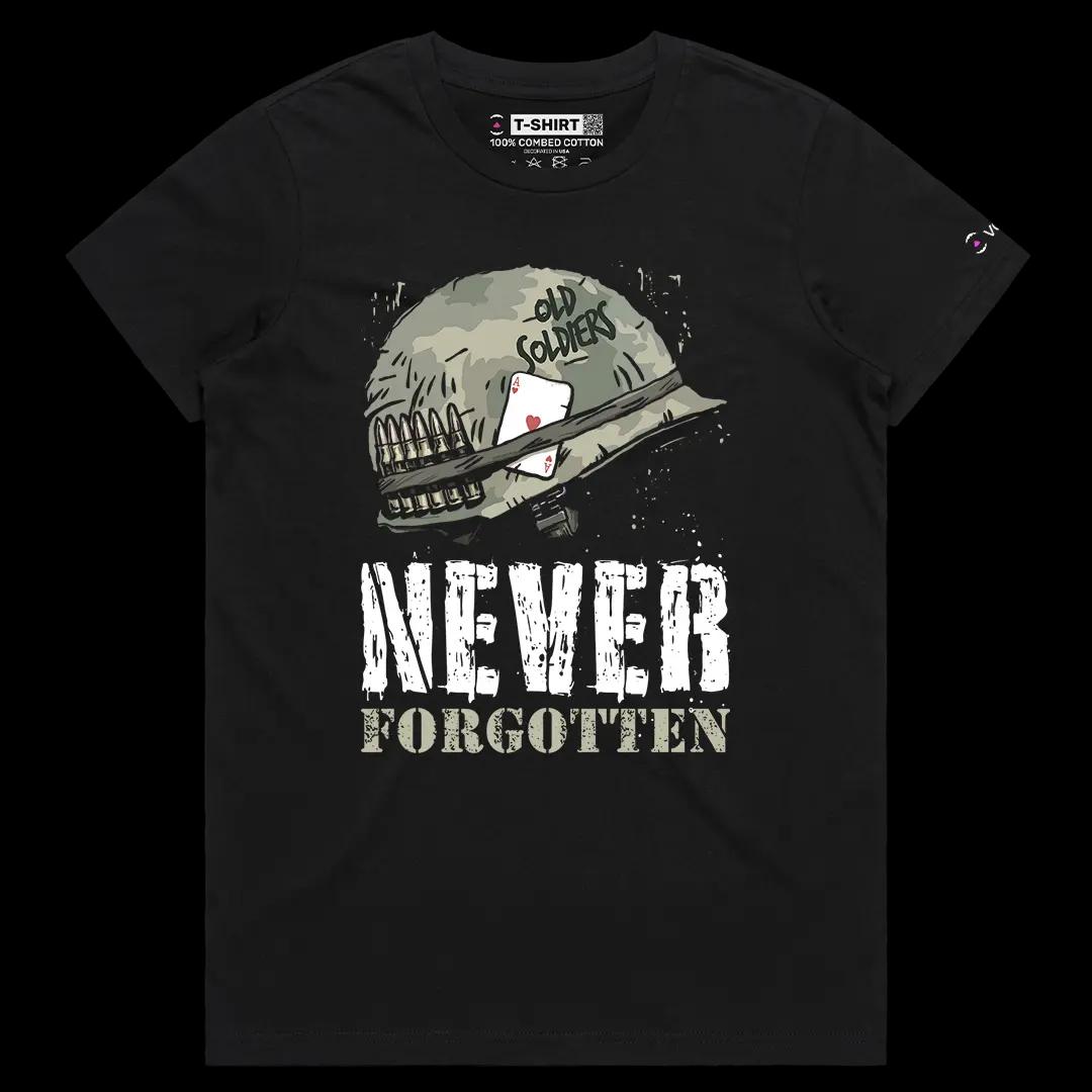 VOICEART Black Female Regular Never Forgotten Old Soldiers USA Independence Day Graphic Tee Short T-Shirt for Men and Women