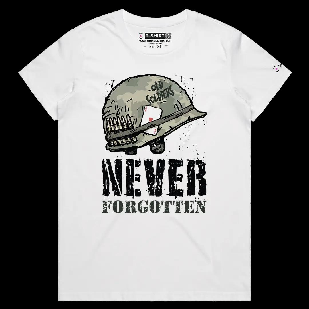 VOICEART White Female Regular Never Forgotten Old Soldiers USA Independence Day Graphic Tee Short T-Shirt for Men and Women