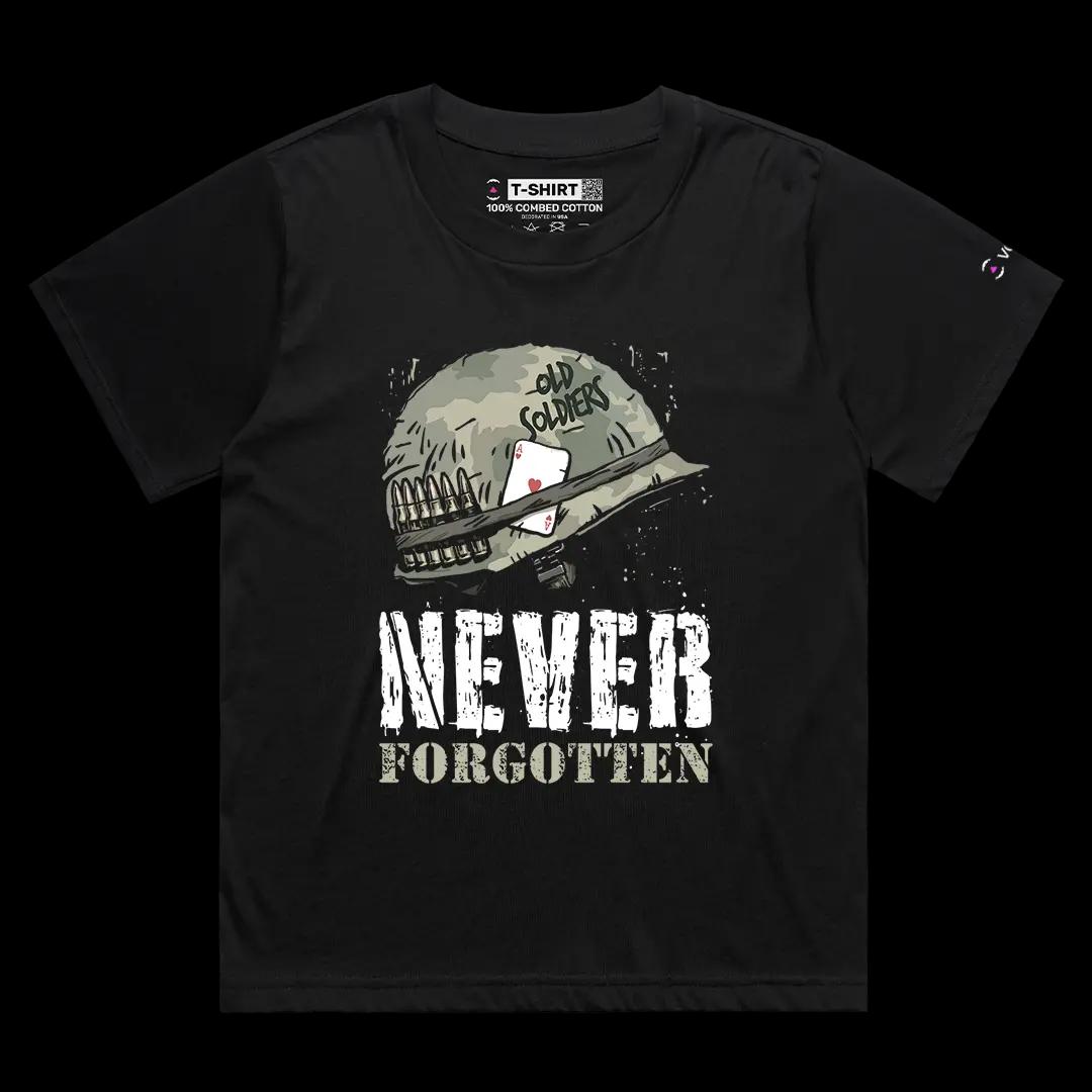 VOICEART Black Female Loose Never Forgotten Old Soldiers USA Independence Day Graphic Tee Short T-Shirt for Men and Women