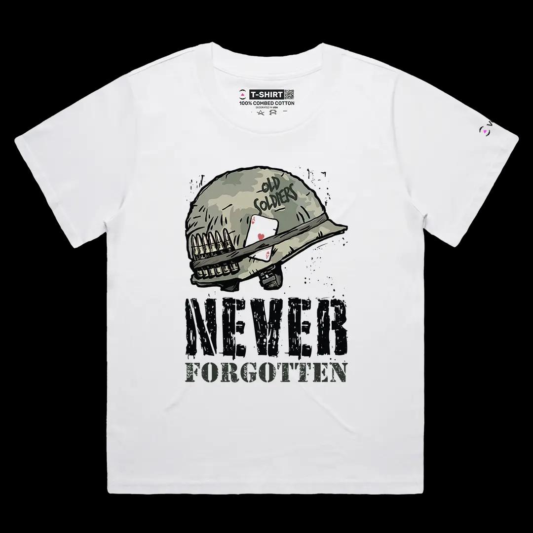 VOICEART White Female Loose Never Forgotten Old Soldiers USA Independence Day Graphic Tee Short T-Shirt for Men and Women