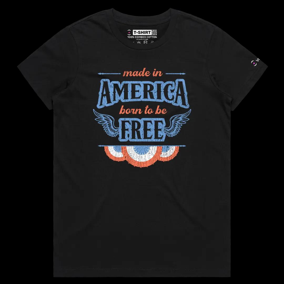 VOICEART Black Female Regular Born To Be Free Independence Day Graphic Tee Short Sleeve 4th of July T-Shirt for Men and Women