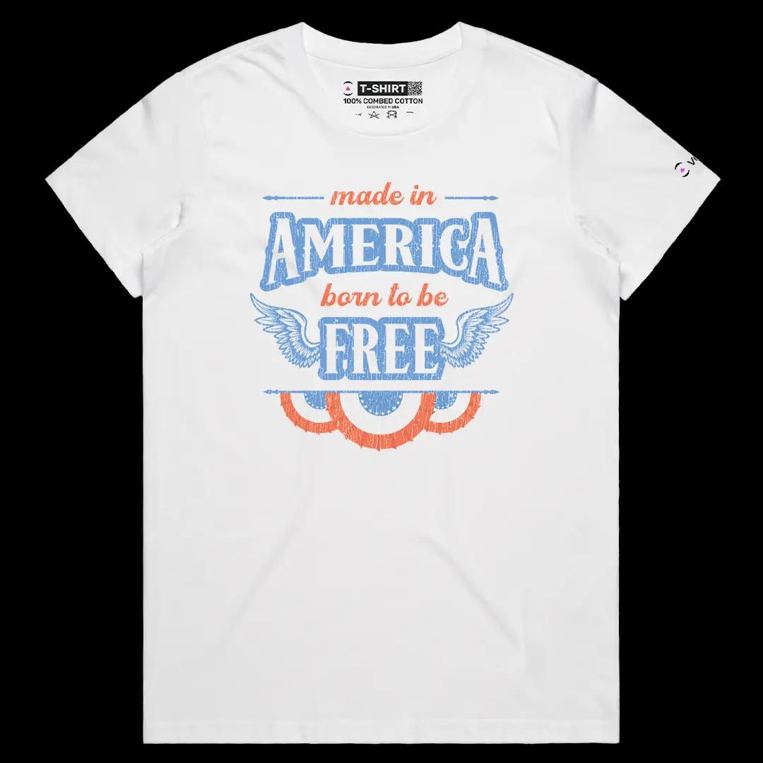 VOICEART White Female Regular Born To Be Free Independence Day Graphic Tee Short Sleeve 4th of July T-Shirt for Men and Women