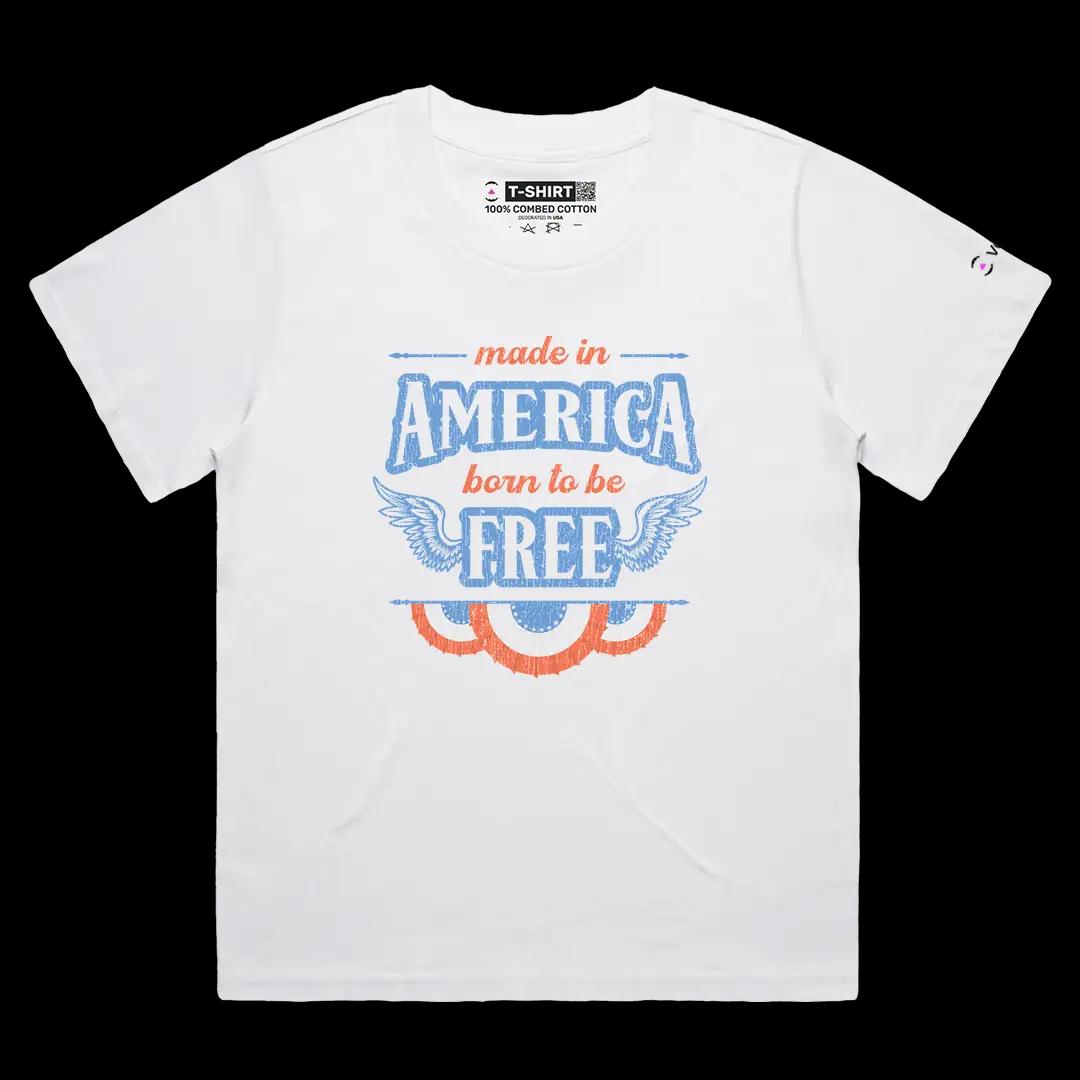 VOICEART White Female Loose Born To Be Free Independence Day Graphic Tee Short Sleeve 4th of July T-Shirt for Men and Women