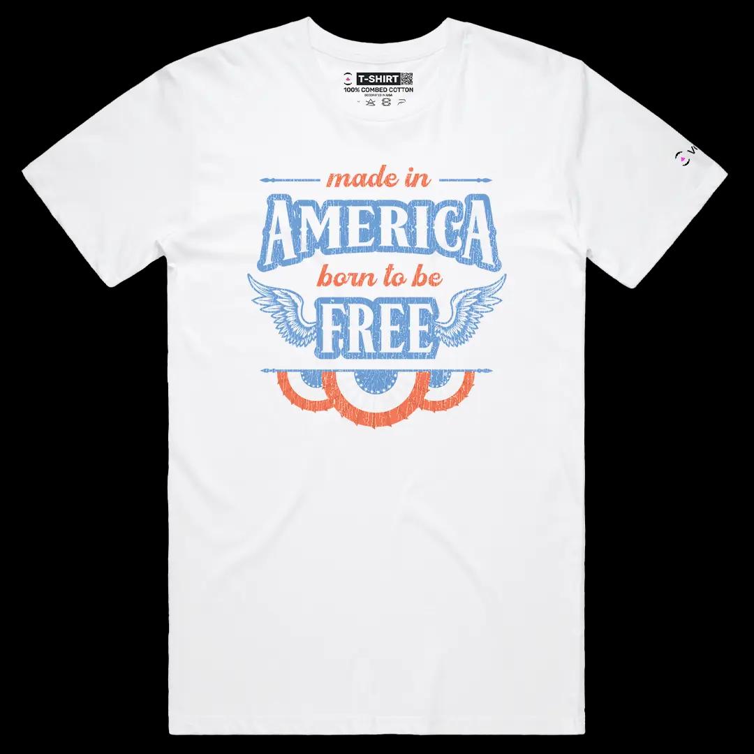 VOICEART White Male Regular Born To Be Free Independence Day Graphic Tee Short Sleeve 4th of July T-Shirt for Men and Women