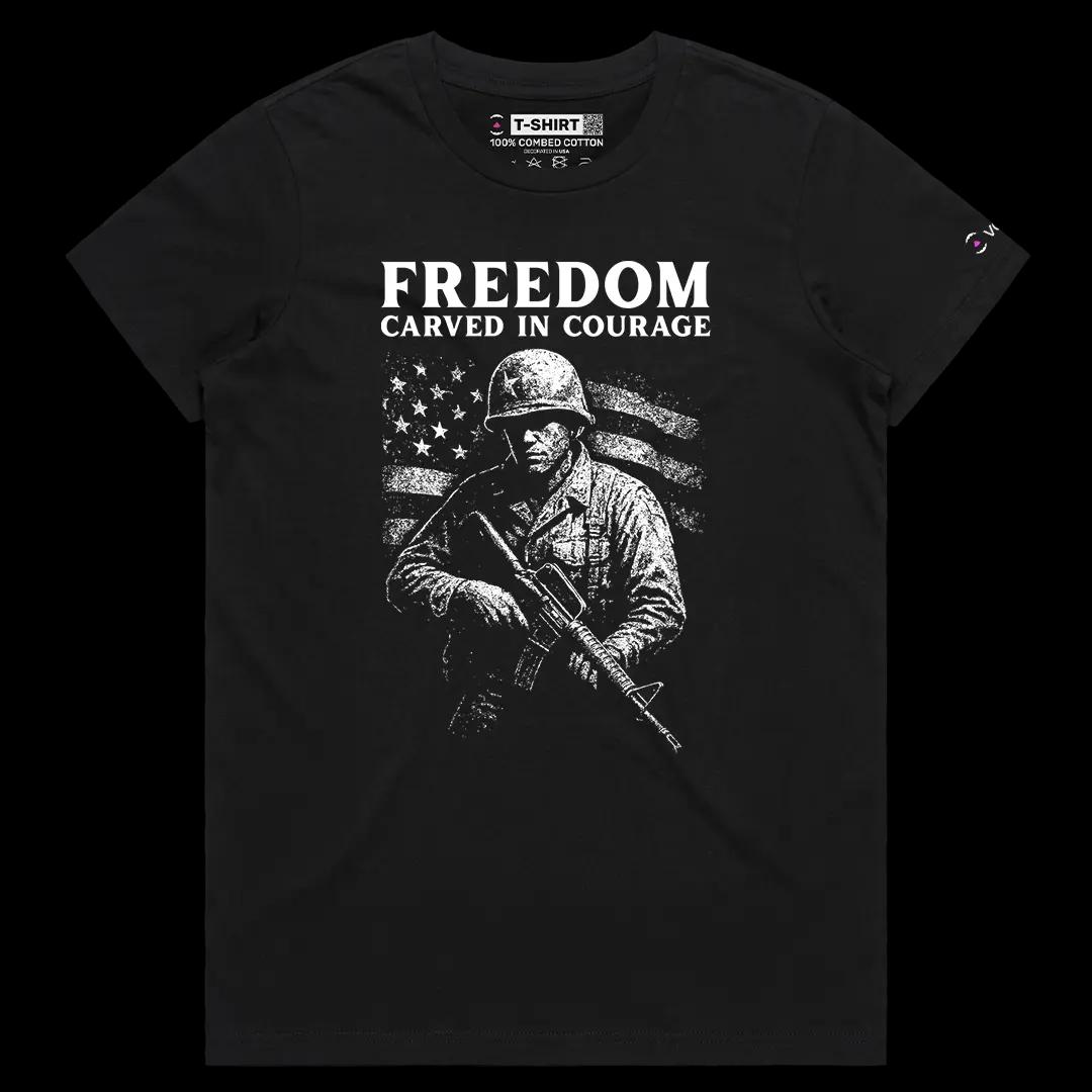 VOICEART Black Female Regular Freedom Carved in Courage USA Independence Day Graphic Tee Short T-Shirt for Men and Women