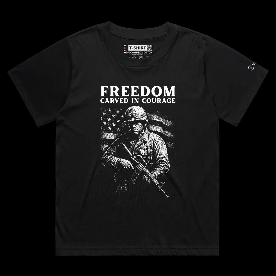 VOICEART Black Female Loose Freedom Carved in Courage USA Independence Day Graphic Tee Short T-Shirt for Men and Women