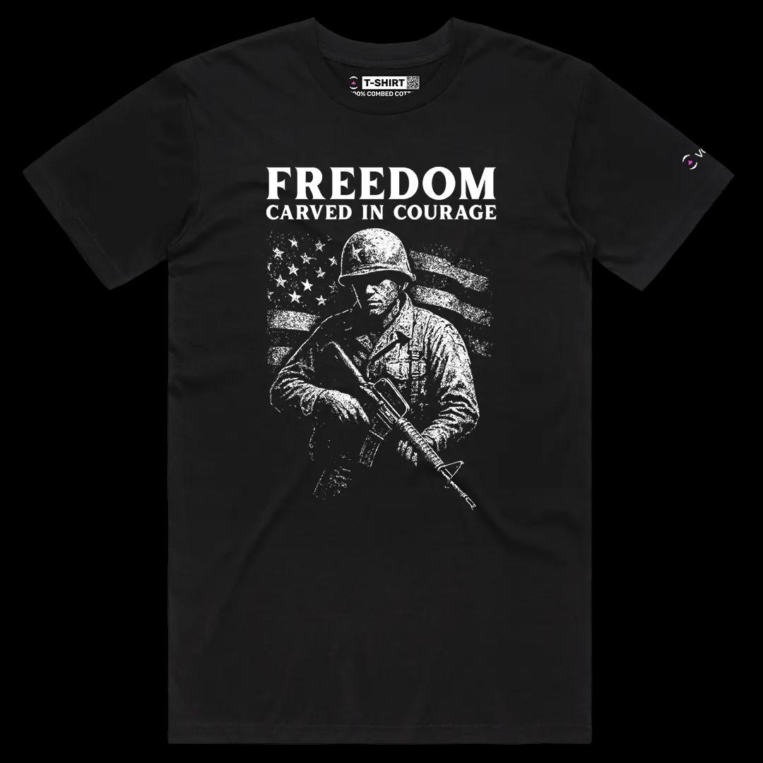 VOICEART Black Male Regular Freedom Carved in Courage USA Independence Day Graphic Tee Short T-Shirt for Men and Women