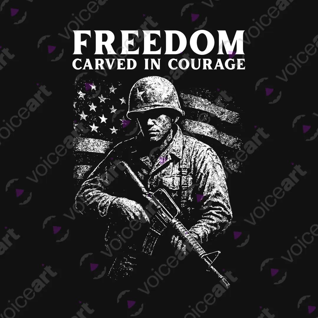 VOICEART Watermark Freedom Carved in Courage USA Independence Day Graphic Tee Short T-Shirt for Men and Women