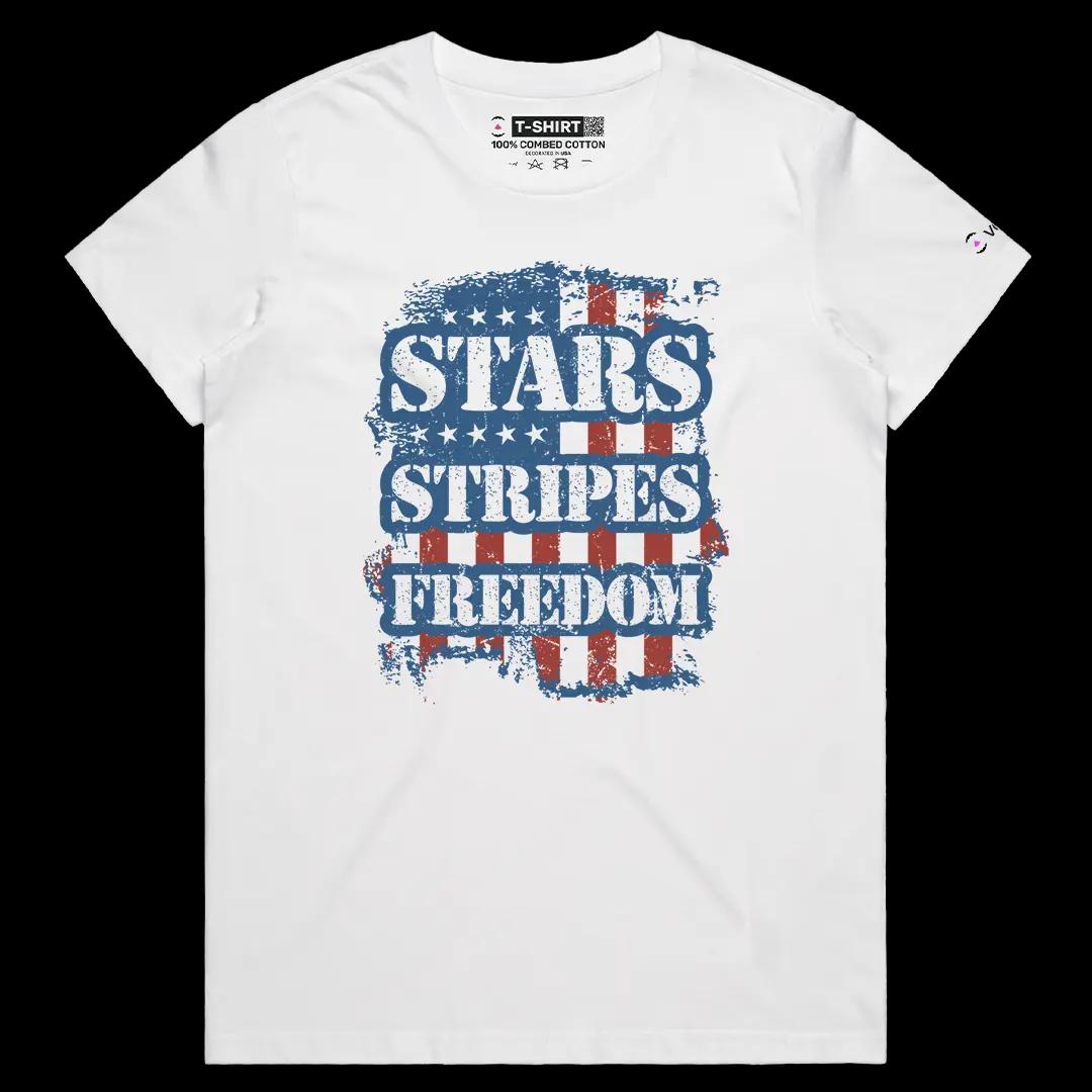 VOICEART White Female Regular Stars Stripes Freedom Independence Day USA Flag Graphic Tee Short T-Shirt for Men and Women