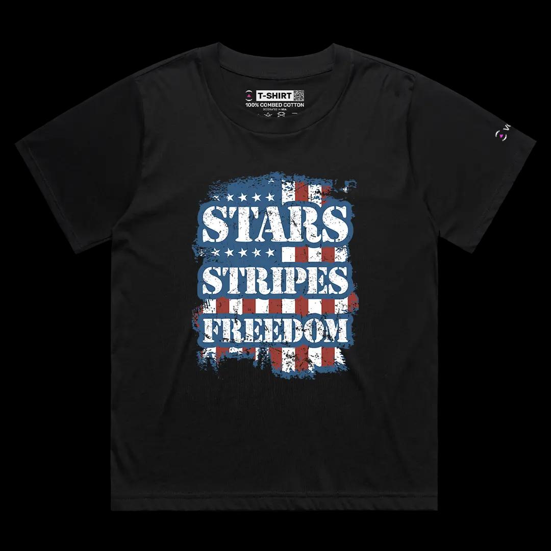 VOICEART Black Female Loose Stars Stripes Freedom Independence Day USA Flag Graphic Tee Short T-Shirt for Men and Women