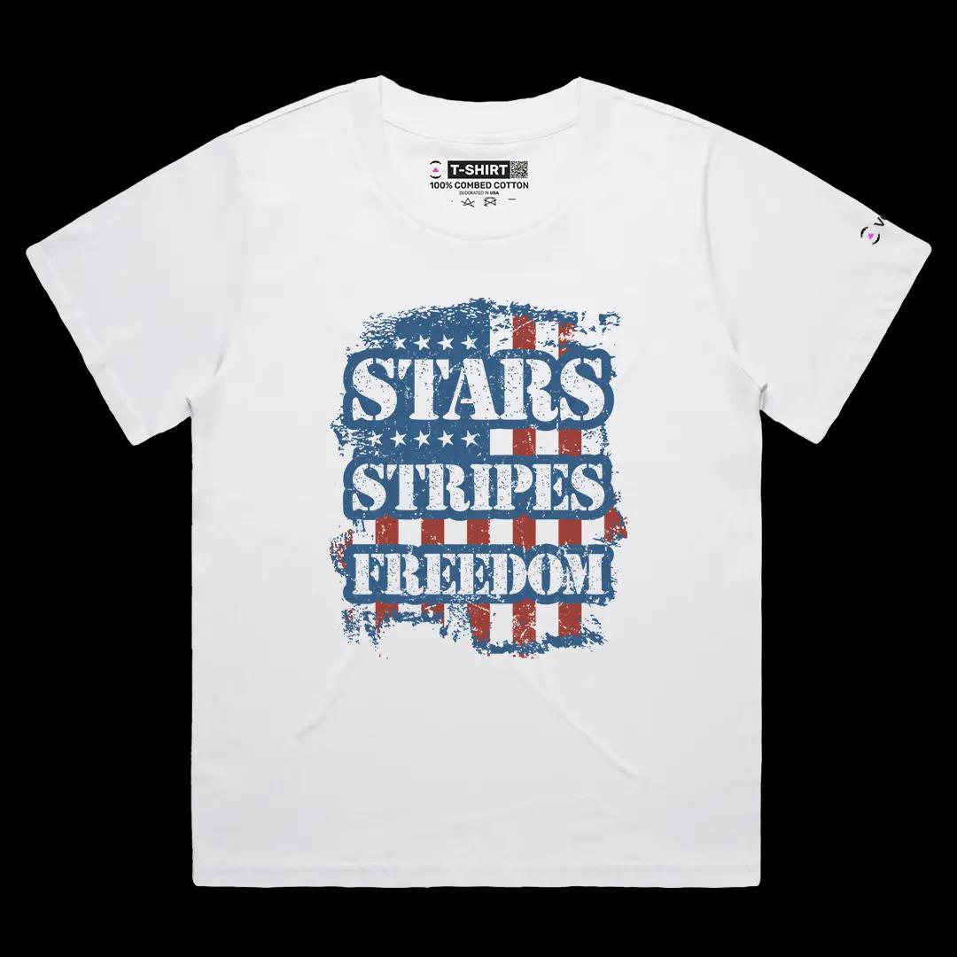 VOICEART White Female Loose Stars Stripes Freedom Independence Day USA Flag Graphic Tee Short T-Shirt for Men and Women