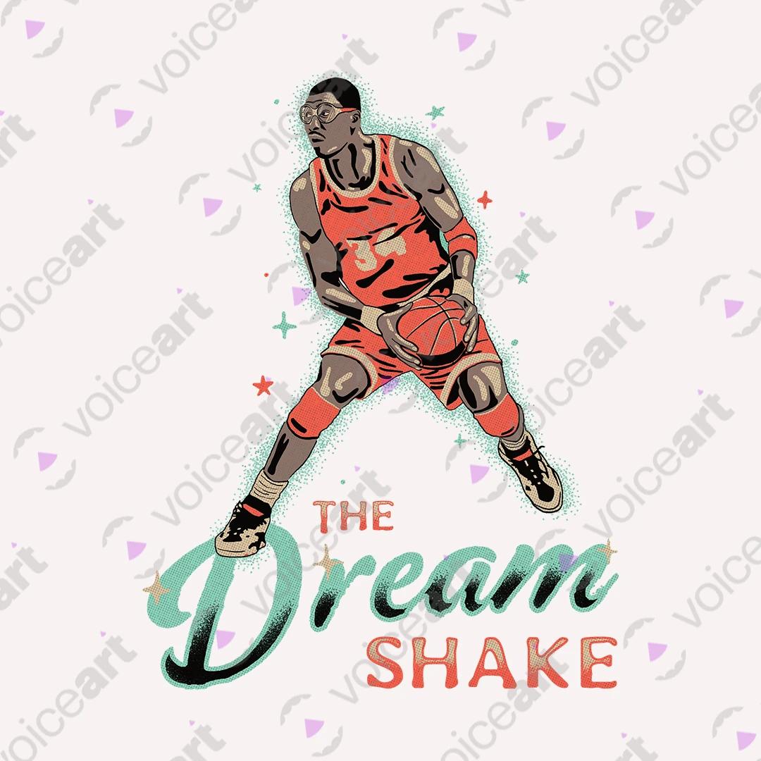 VOICEART White Watermark Vintage Hakeem The Dream Shake Sports Graphic Tee for Basketball Fans Short Cotton T-Shirt