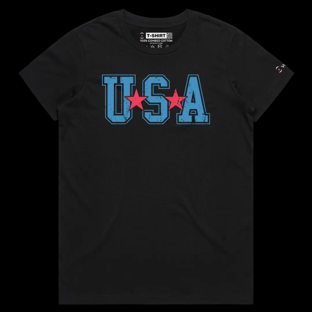VOICEART Black Female Regular USA Typography Style Graphic Tee Short Sleeve Combed Cotton America T-Shirt for Men and Women
