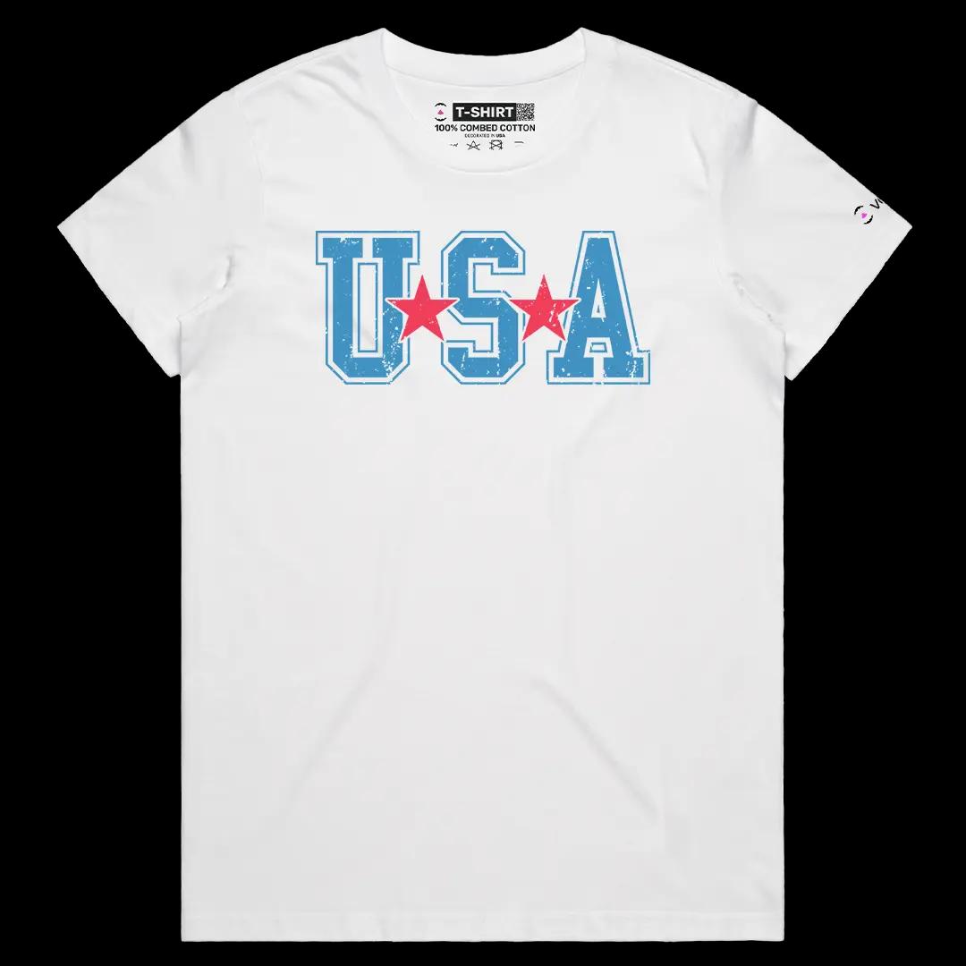 VOICEART White Female Regular USA Typography Style Graphic Tee Short Sleeve Combed Cotton America T-Shirt for Men and Women