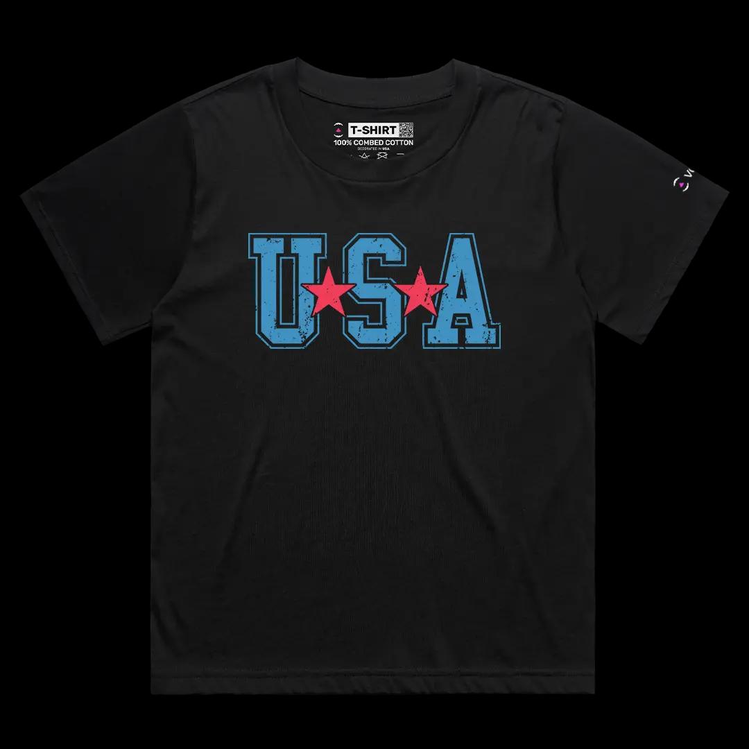 VOICEART Black Female Loose USA Typography Style Graphic Tee Short Sleeve Combed Cotton America T-Shirt for Men and Women
