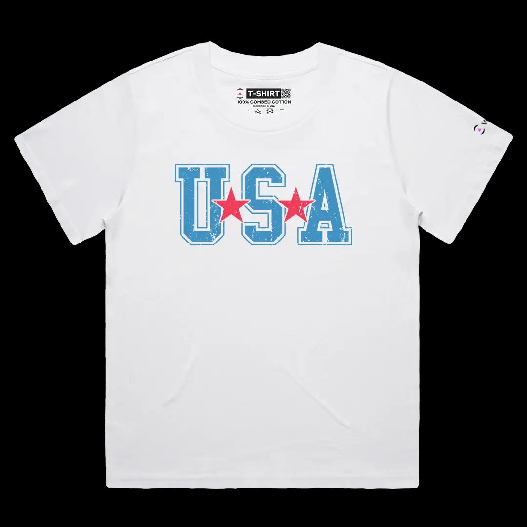 VOICEART White Female Loose USA Typography Style Graphic Tee Short Sleeve Combed Cotton America T-Shirt for Men and Women