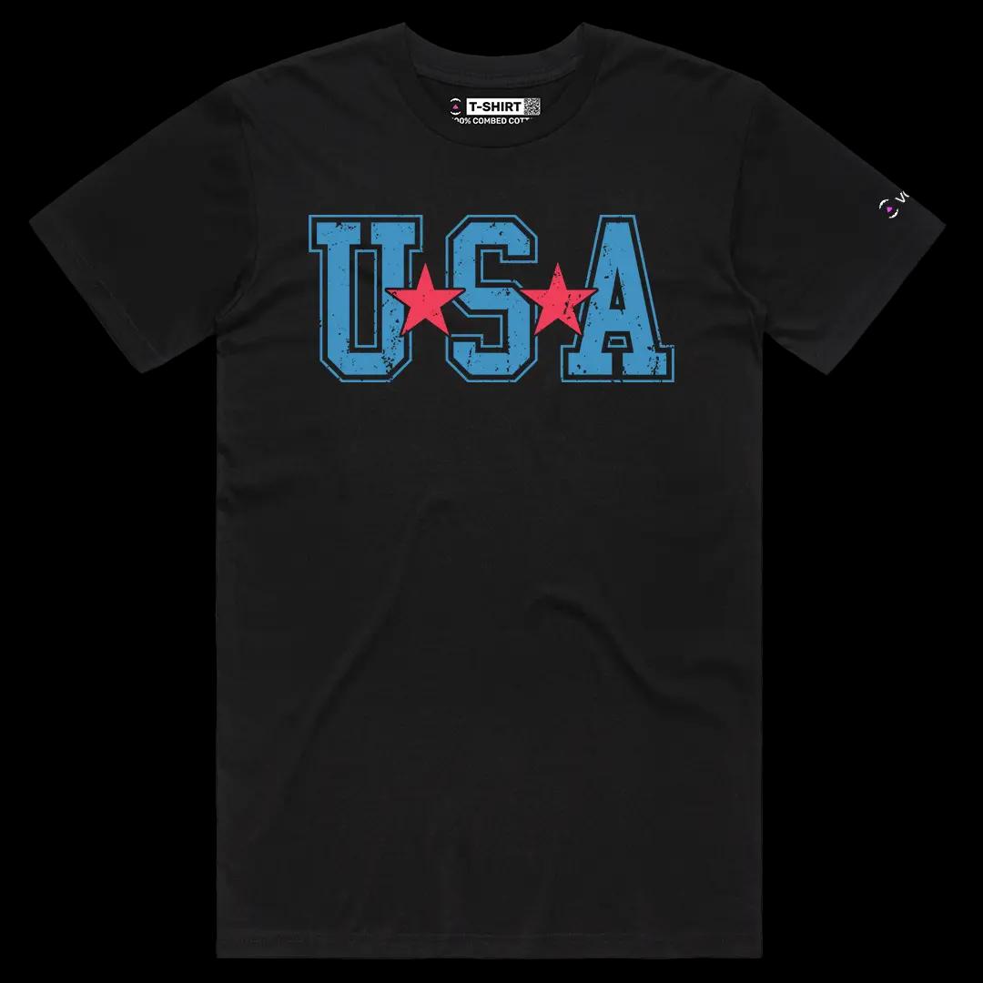 VOICEART Black Male Regular USA Typography Style Graphic Tee Short Sleeve Combed Cotton America T-Shirt for Men and Women