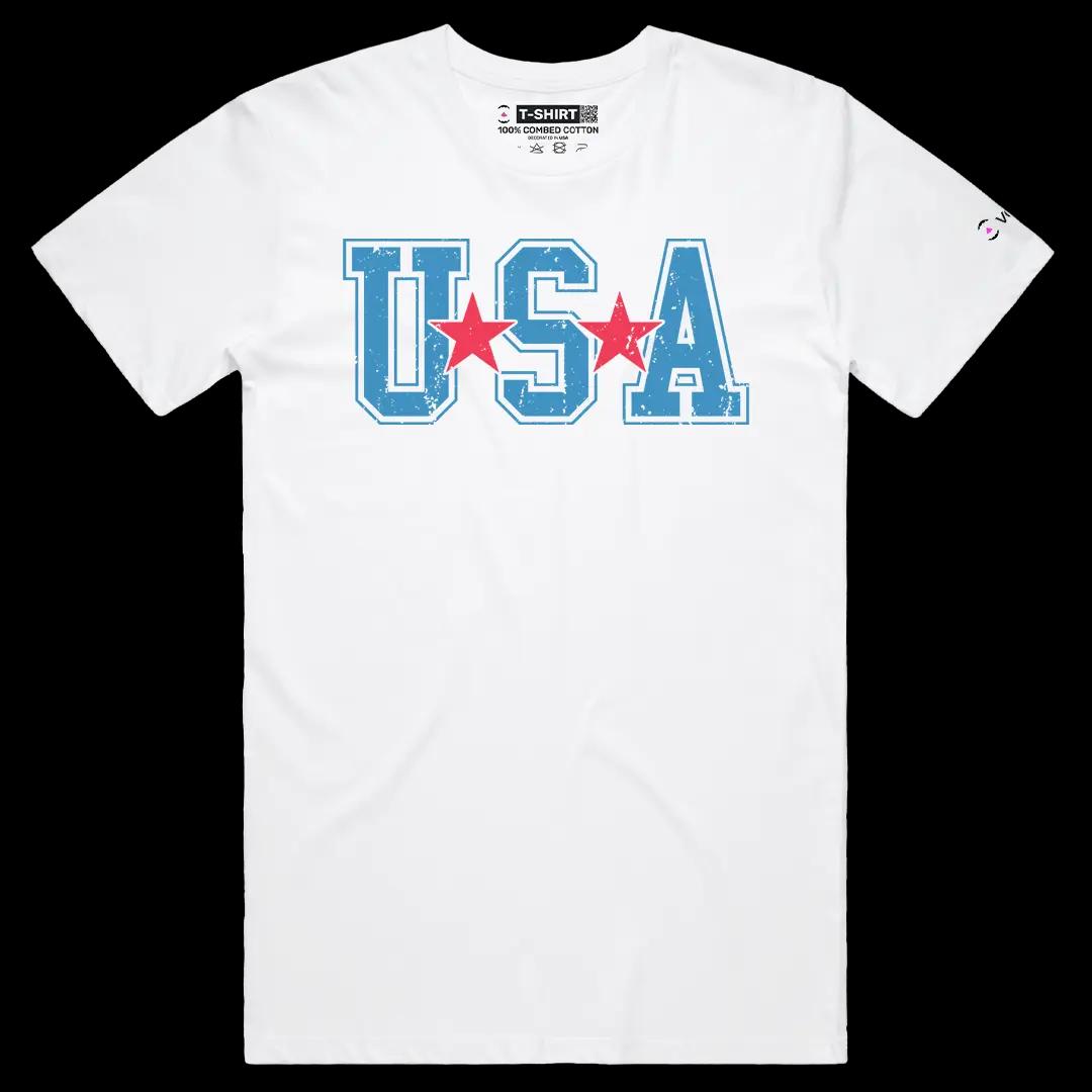VOICEART White Male Regular USA Typography Style Graphic Tee Short Sleeve Combed Cotton America T-Shirt for Men and Women