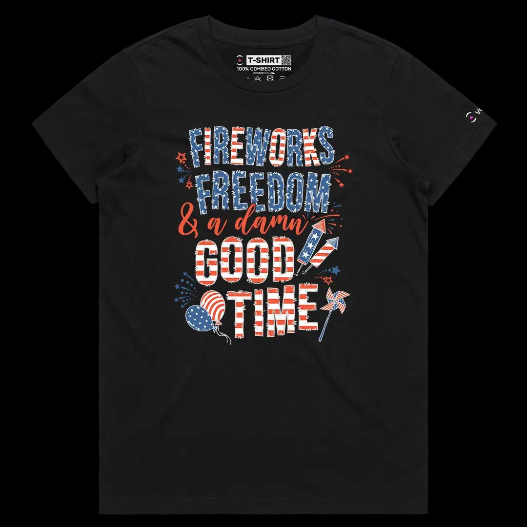 VOICEART Black Female Regular Fireworks Freedom and Good Time USA 4th of July Tee Short Sleeve T-Shirt for Men and Women