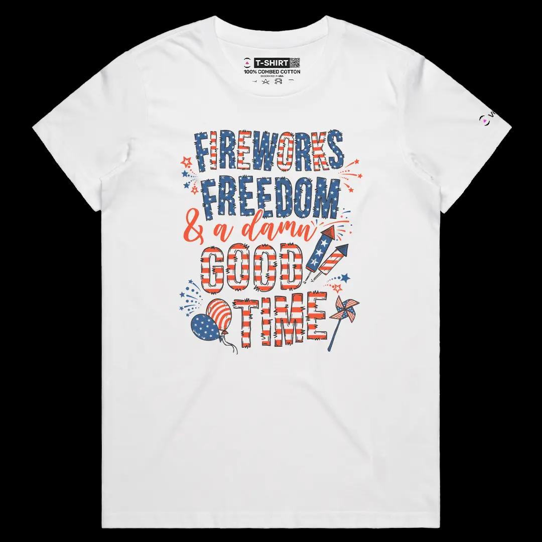 VOICEART White Female Regular Fireworks Freedom and Good Time USA 4th of July Tee Short Sleeve T-Shirt for Men and Women