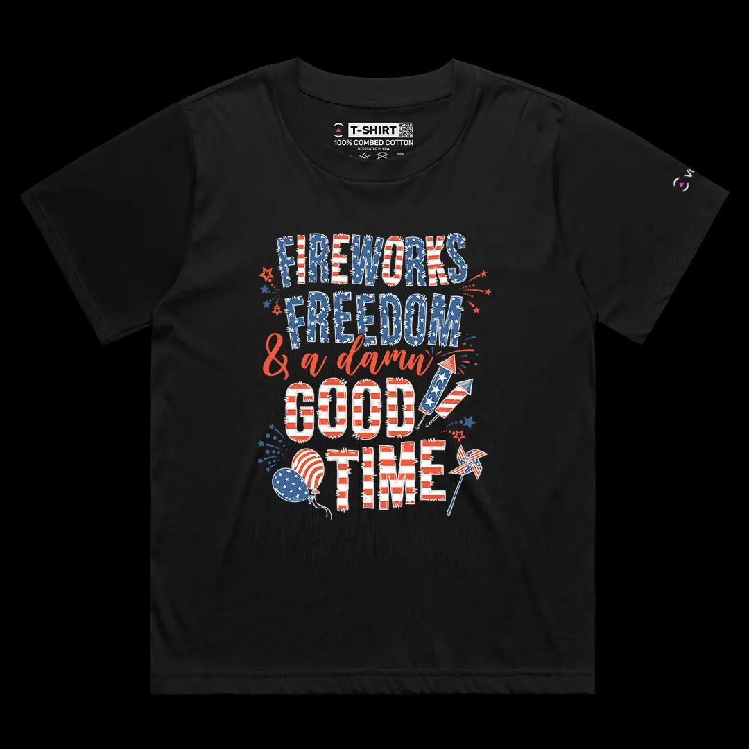 VOICEART Black Female Loose Fireworks Freedom and Good Time USA 4th of July Tee Short Sleeve T-Shirt for Men and Women