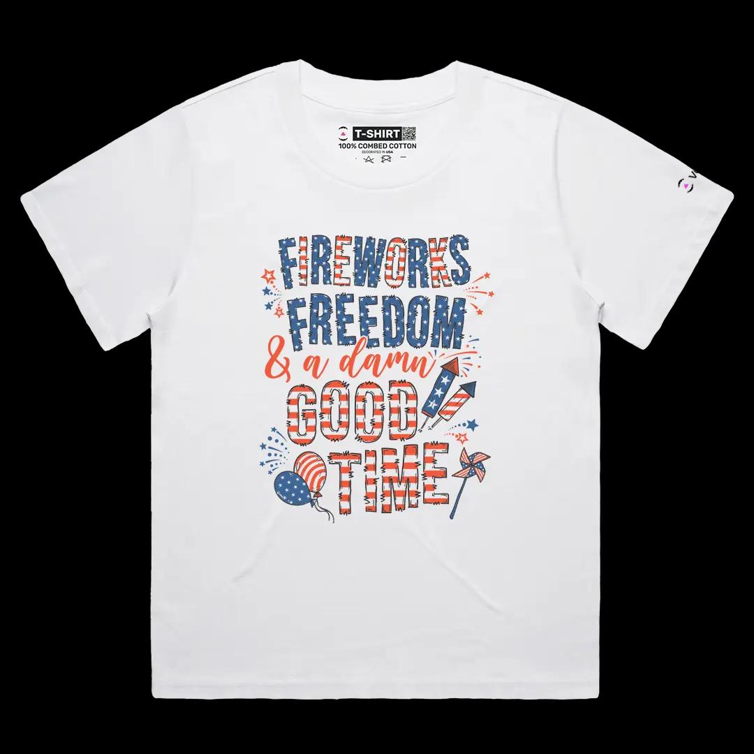 VOICEART White Female Loose Fireworks Freedom and Good Time USA 4th of July Tee Short Sleeve T-Shirt for Men and Women