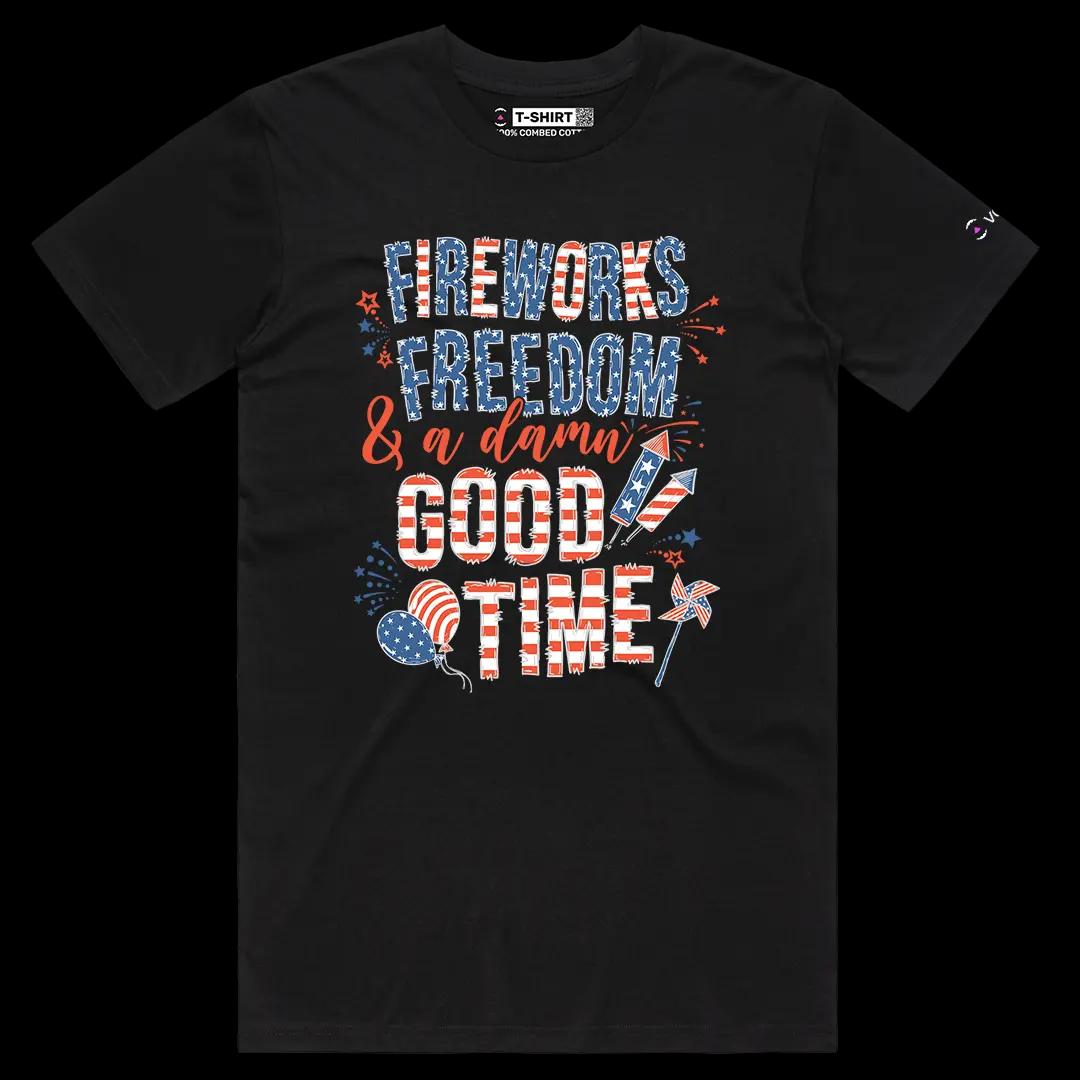 VOICEART Black Male Regular Fireworks Freedom and Good Time USA 4th of July Tee Short Sleeve T-Shirt for Men and Women