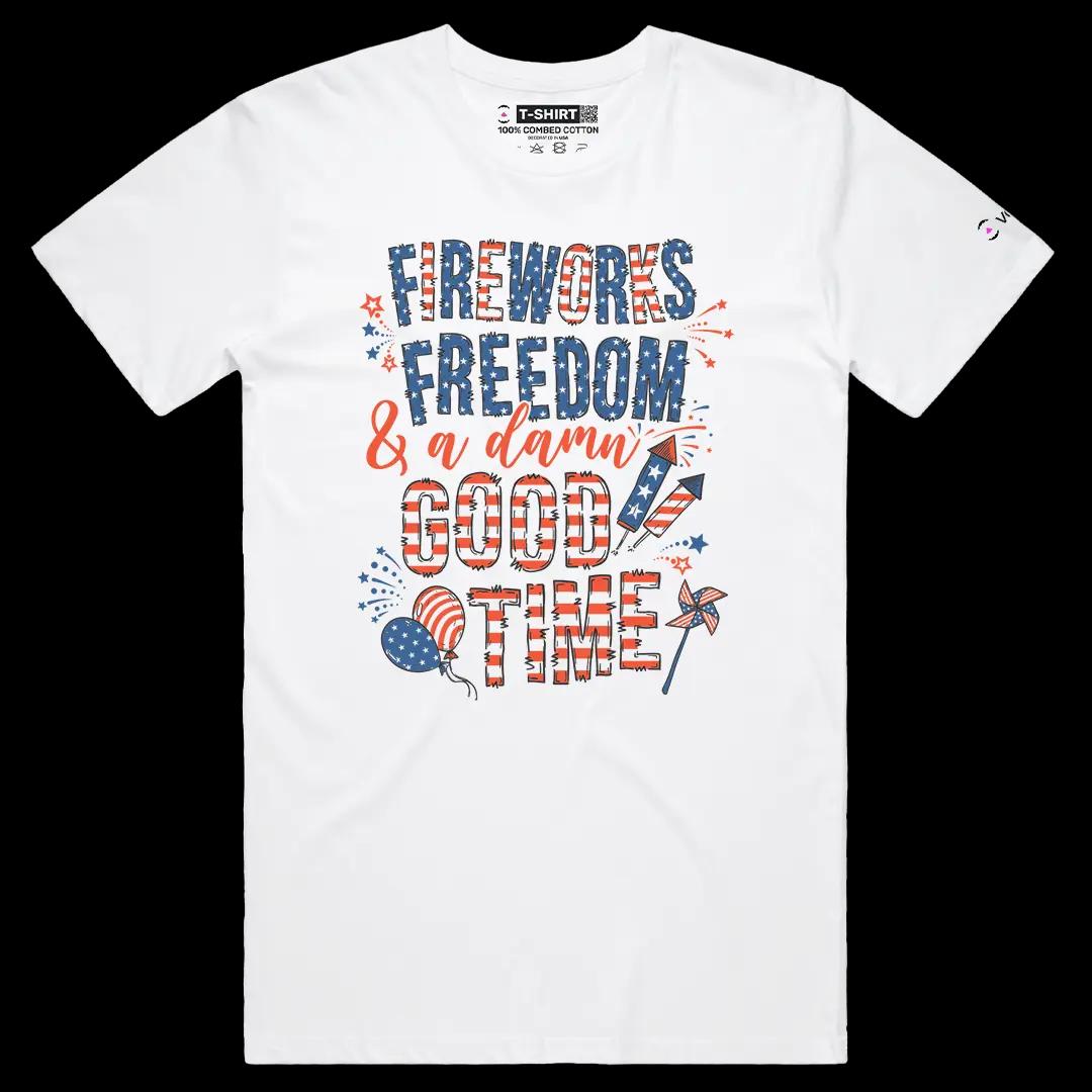 VOICEART White Male Regular Fireworks Freedom and Good Time USA 4th of July Tee Short Sleeve T-Shirt for Men and Women