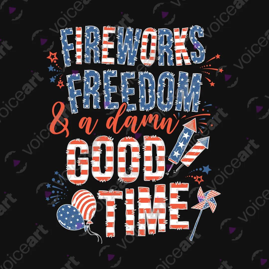 VOICEART Black Watermark Fireworks Freedom and Good Time USA 4th of July Tee Short Sleeve T-Shirt for Men and Women